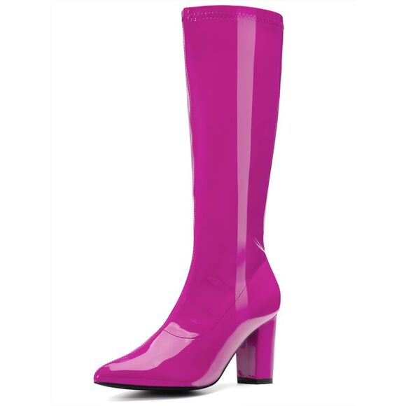 Perphy Shoes - GoGo Boot Patent Leather Chunky Heels Hot Pink Knee High Boots